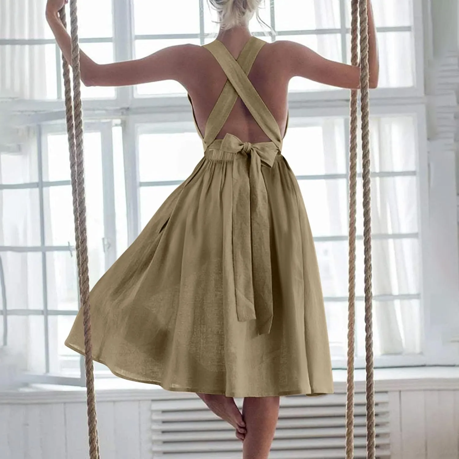 Women Sleeveless Midi Dress Square Neck Pleated Cinched Waist Solid Color Crisscross Backless Dress Wear to Dance