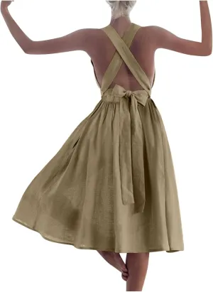 Women Sleeveless Midi Dress Square Neck Pleated Cinched Waist Solid Color Crisscross Backless Dress Wear to Dance