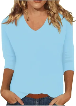 Women's 3/4 Sleeve Tops Trendy Summer 2025 Solid Color V Neck T-Shirts Workout Slim Tunic Blouse Casual Vacation Outfit