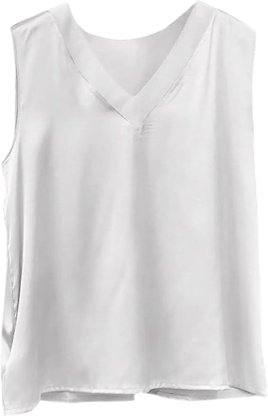 Women's Camisole Glossy Satin Sleeveless V Neck Lace Toggle Cut Sweatshirt Beaded Womens Top