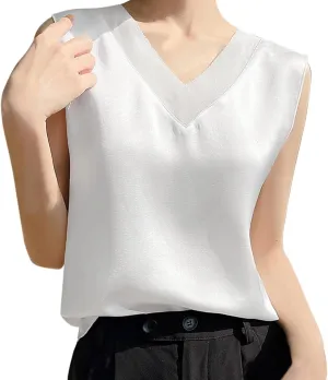 Women's Camisole Glossy Satin Sleeveless V Neck Lace Toggle Cut Sweatshirt Beaded Womens Top