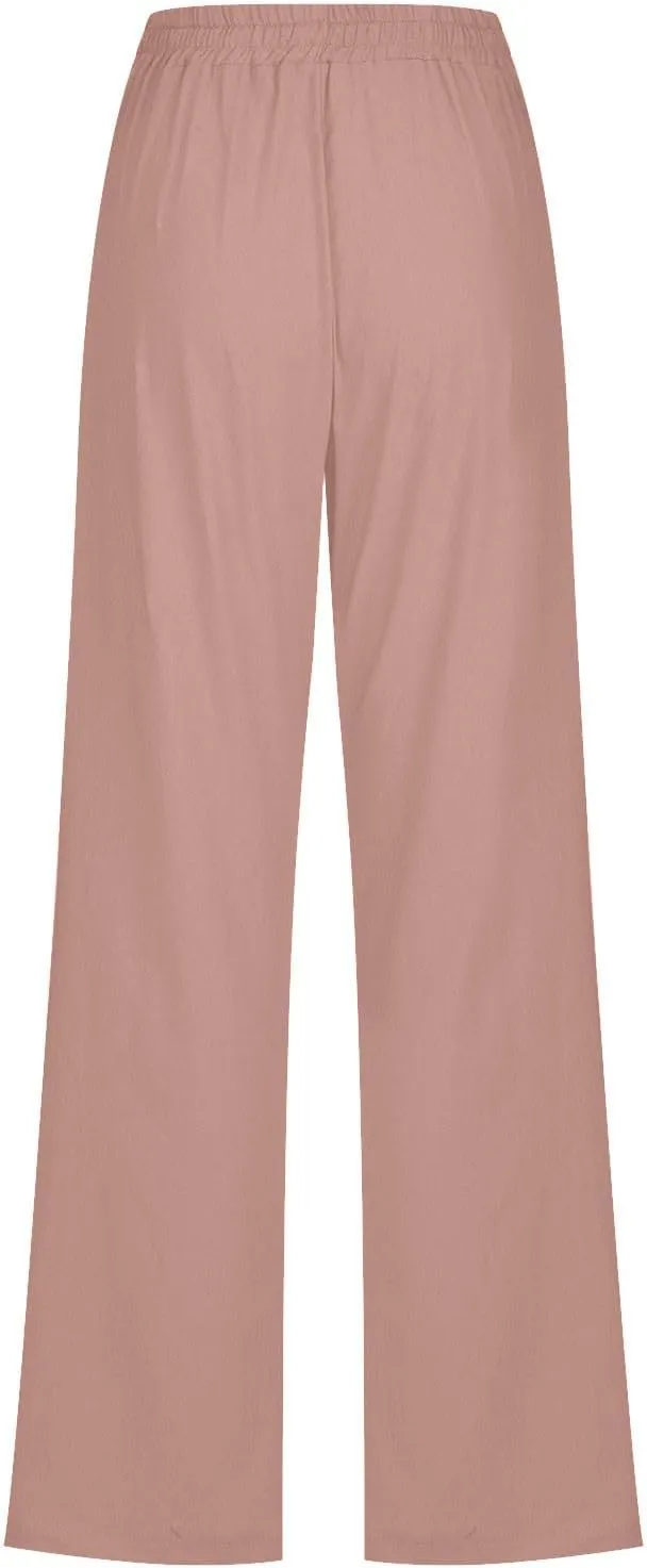 Womens Casual Cotton Linen Pants Lightweight Summer Baggy Elastic Waist Plus Size Solid Lounge Long Trousers with Pocket