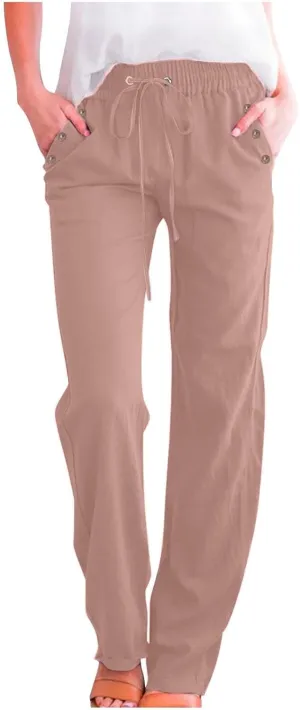 Womens Casual Cotton Linen Pants Lightweight Summer Baggy Elastic Waist Plus Size Solid Lounge Long Trousers with Pocket