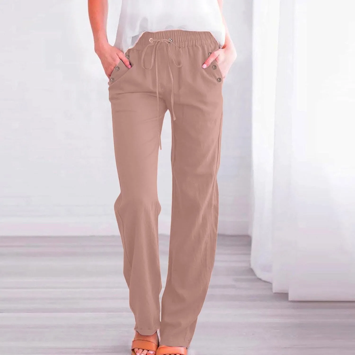 Womens Casual Cotton Linen Pants Lightweight Summer Baggy Elastic Waist Plus Size Solid Lounge Long Trousers with Pocket