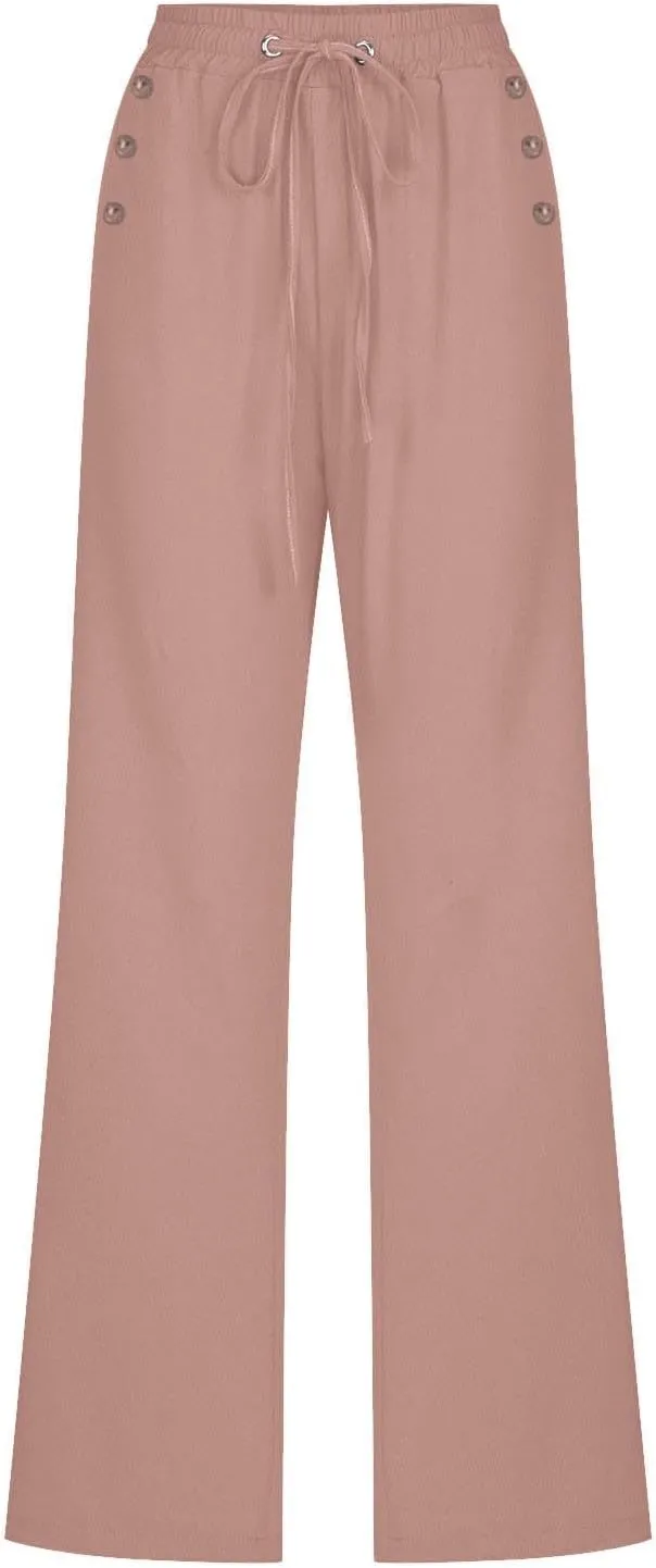 Womens Casual Cotton Linen Pants Lightweight Summer Baggy Elastic Waist Plus Size Solid Lounge Long Trousers with Pocket
