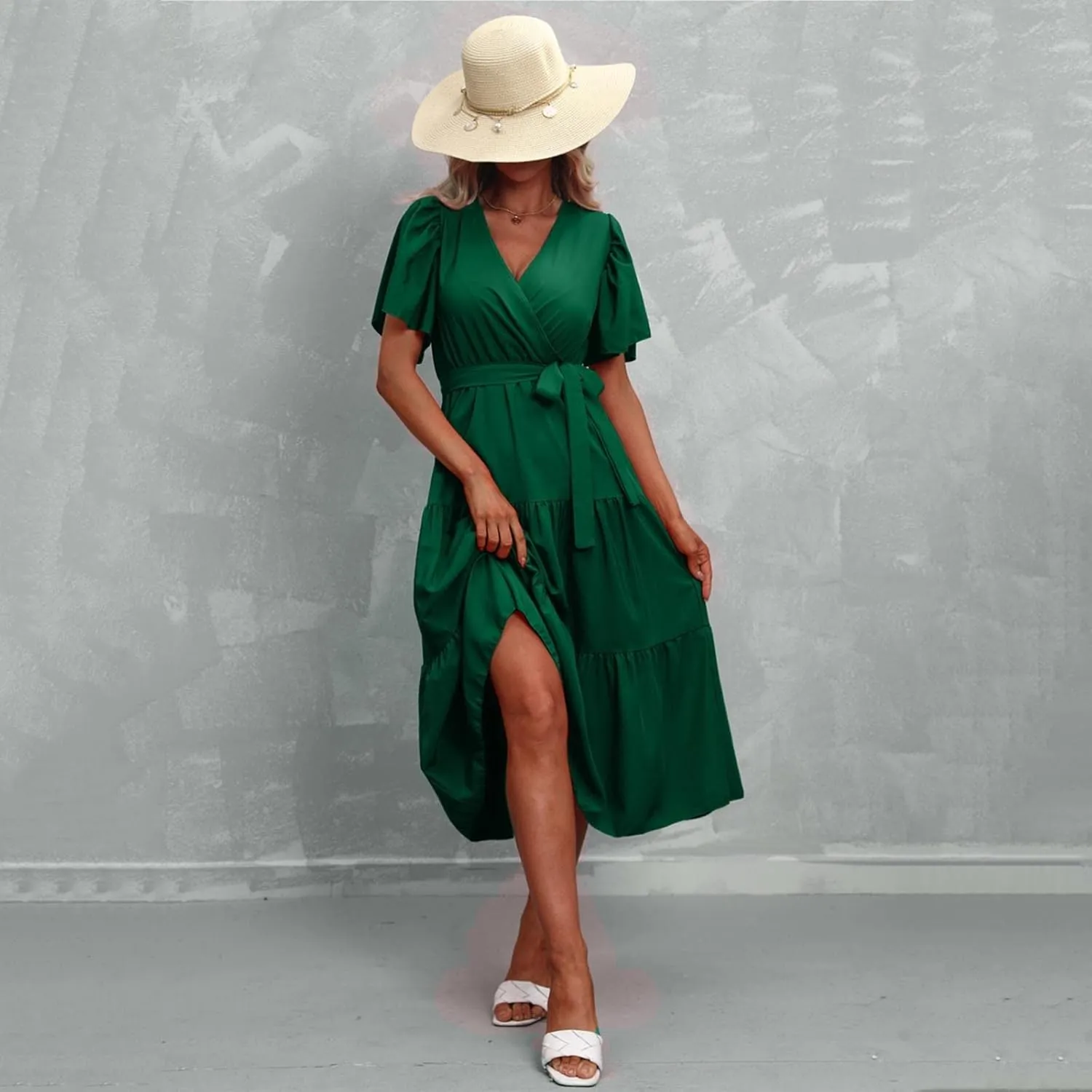 Women's Casual Dresses Loose Fit Short Sleeve Plain Casual Dresses V-Neck Solid Color Party Dress with Pockets