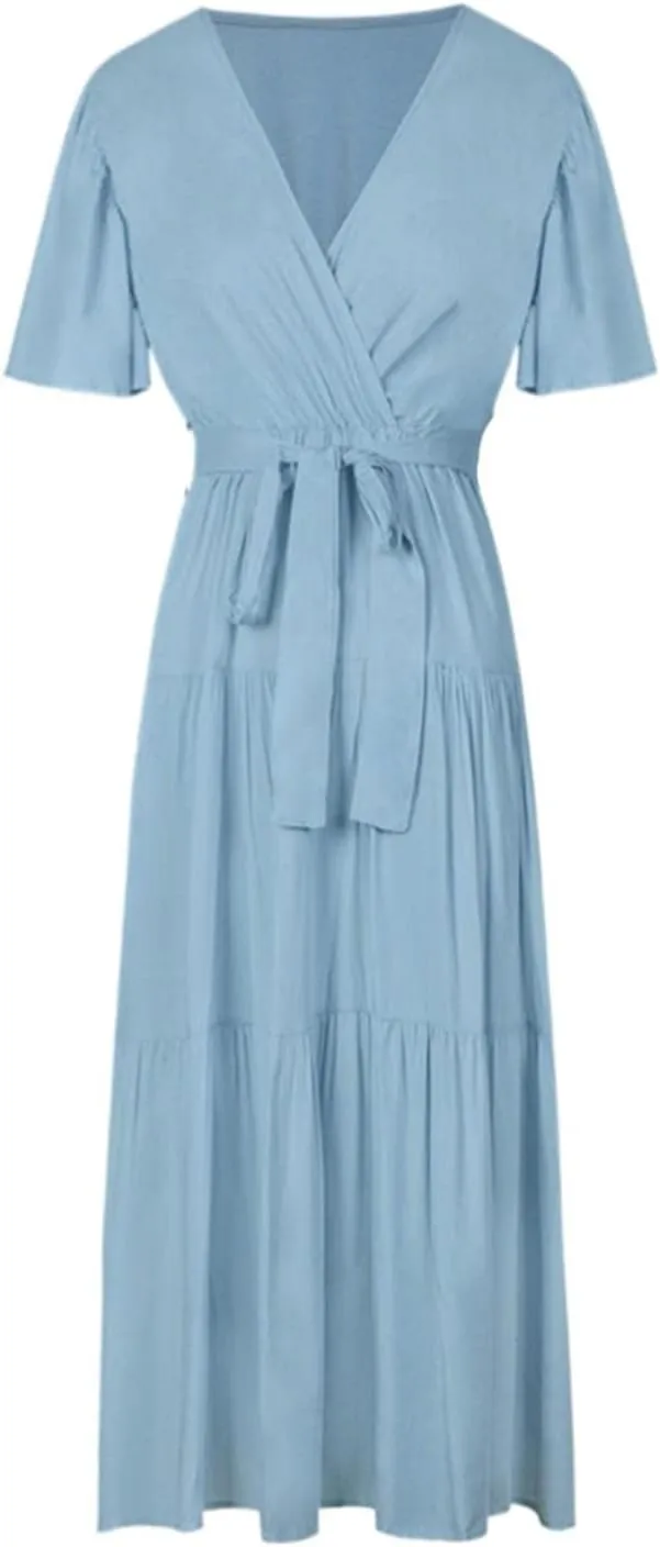 Women's Casual Dresses Loose Fit Short Sleeve Plain Casual Dresses V-Neck Solid Color Party Dress with Pockets