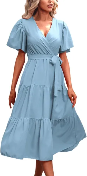 Women's Casual Dresses Loose Fit Short Sleeve Plain Casual Dresses V-Neck Solid Color Party Dress with Pockets