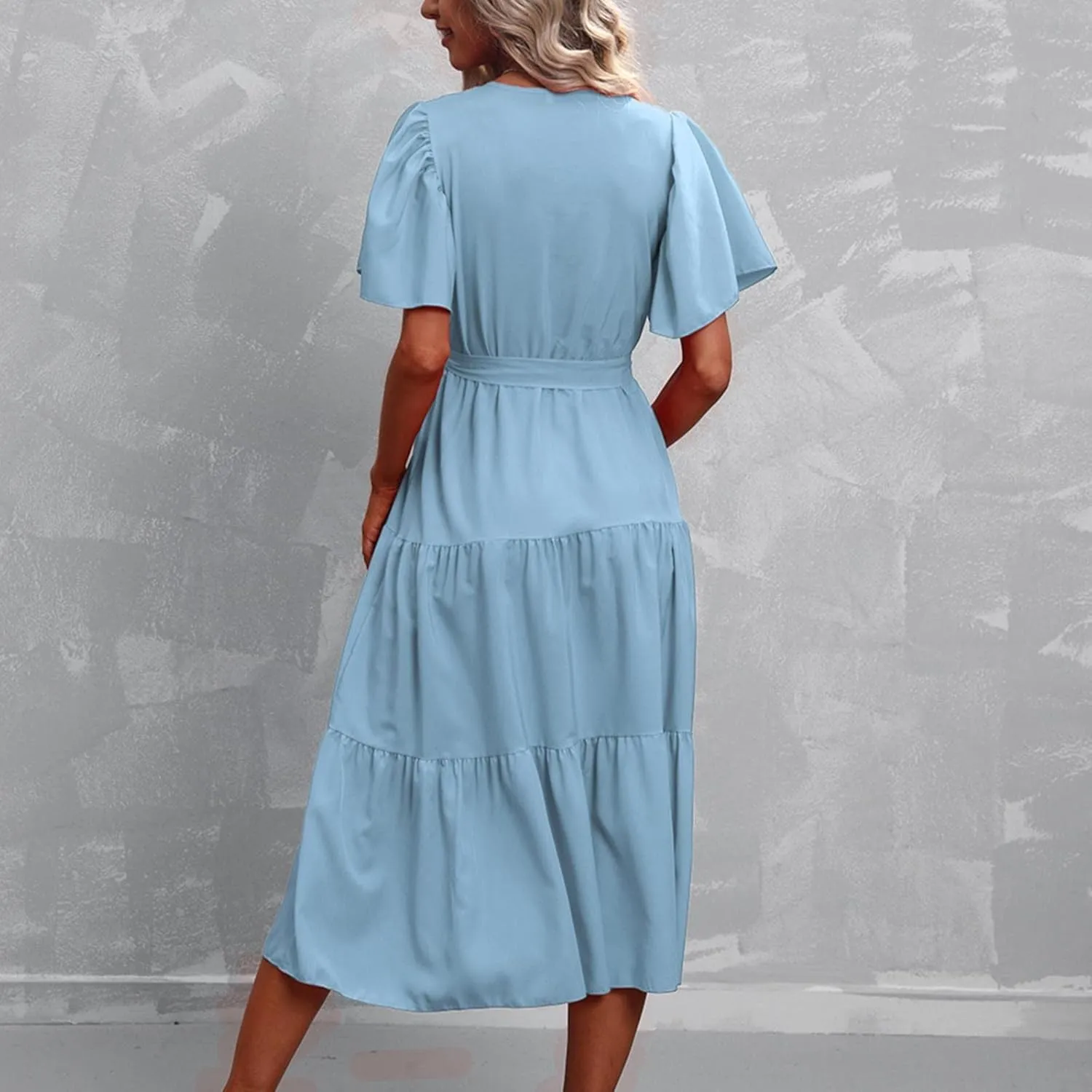 Women's Casual Dresses Loose Fit Short Sleeve Plain Casual Dresses V-Neck Solid Color Party Dress with Pockets