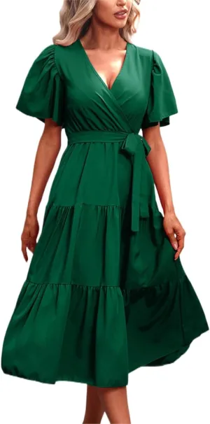 Women's Casual Dresses Loose Fit Short Sleeve Plain Casual Dresses V-Neck Solid Color Party Dress with Pockets
