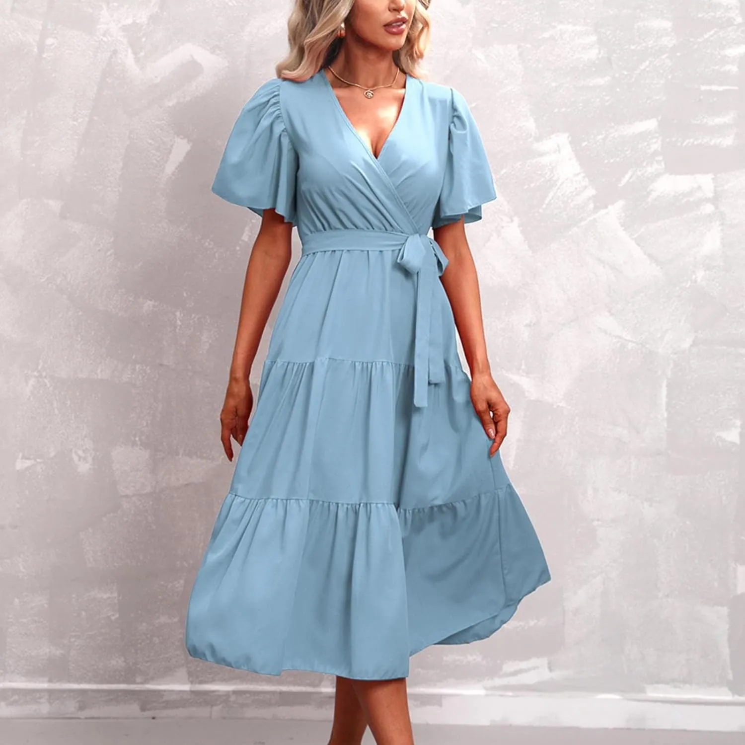 Women's Casual Dresses Loose Fit Short Sleeve Plain Casual Dresses V-Neck Solid Color Party Dress with Pockets