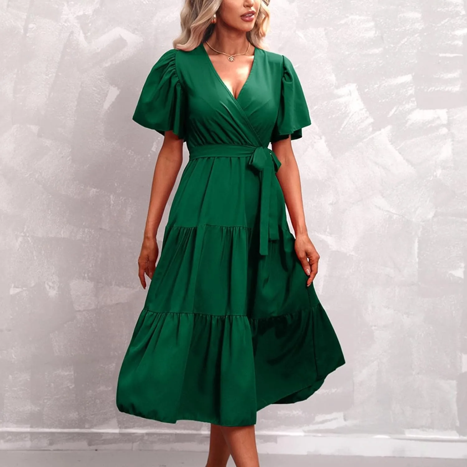 Women's Casual Dresses Loose Fit Short Sleeve Plain Casual Dresses V-Neck Solid Color Party Dress with Pockets