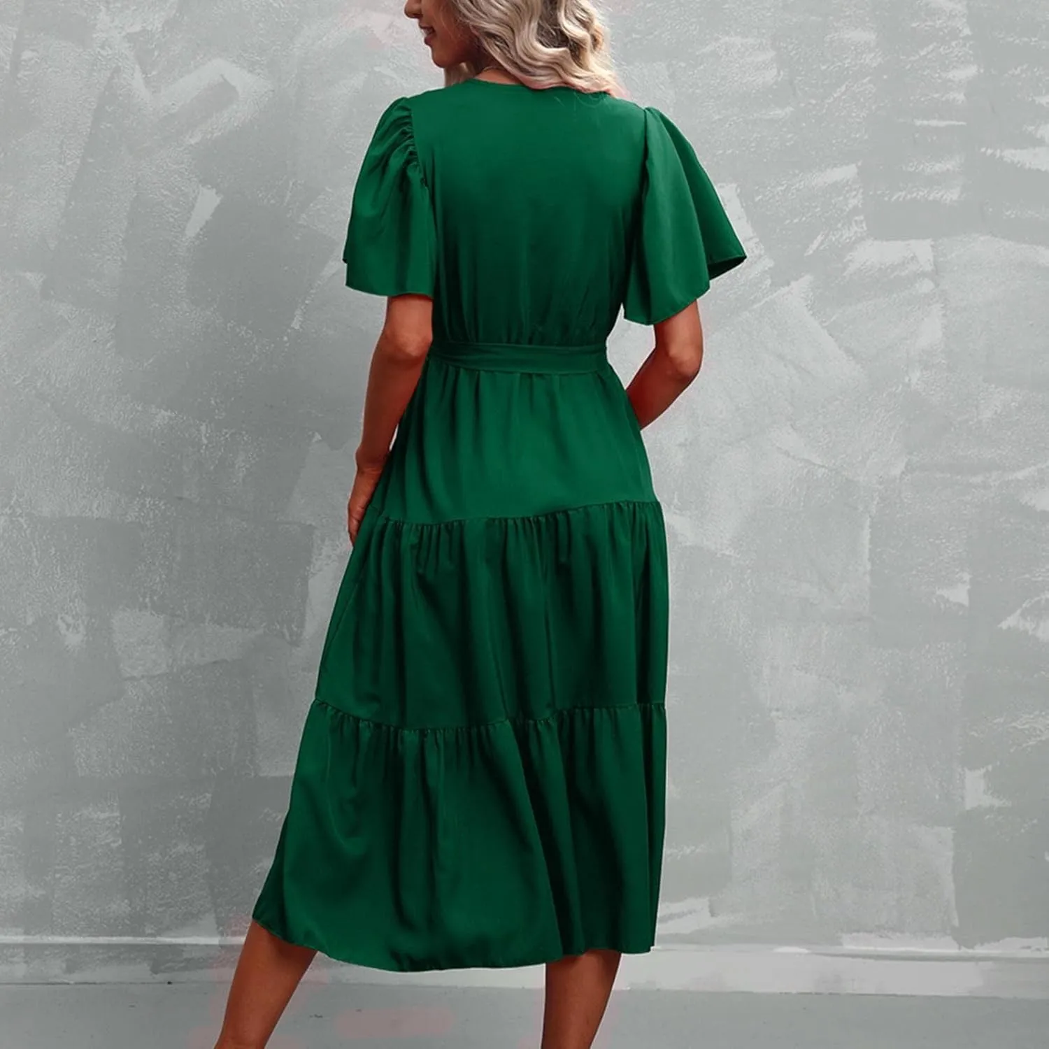 Women's Casual Dresses Loose Fit Short Sleeve Plain Casual Dresses V-Neck Solid Color Party Dress with Pockets