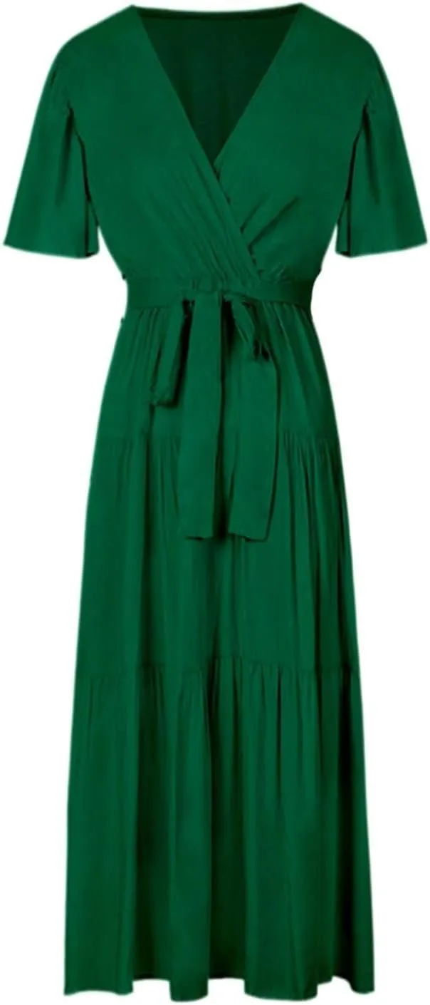Women's Casual Dresses Loose Fit Short Sleeve Plain Casual Dresses V-Neck Solid Color Party Dress with Pockets