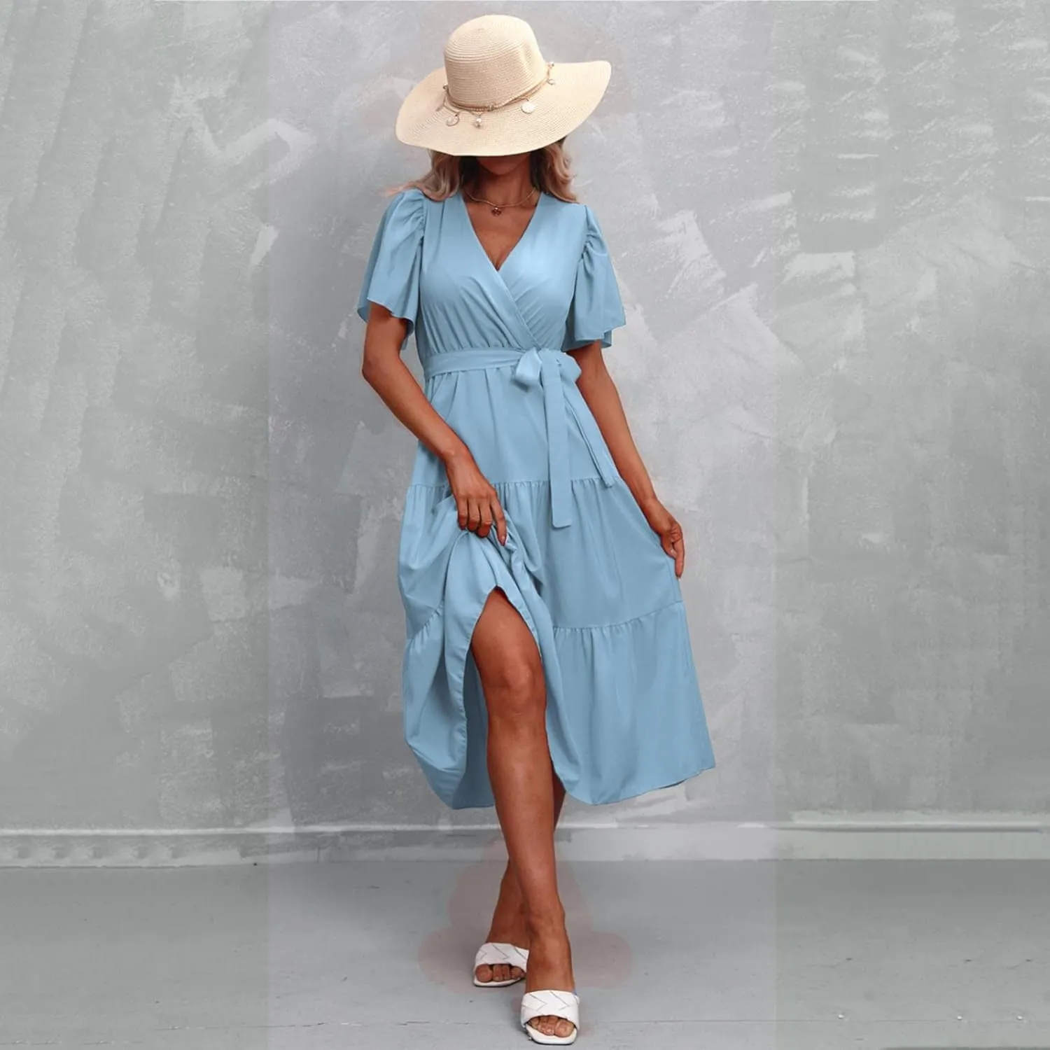 Women's Casual Dresses Loose Fit Short Sleeve Plain Casual Dresses V-Neck Solid Color Party Dress with Pockets