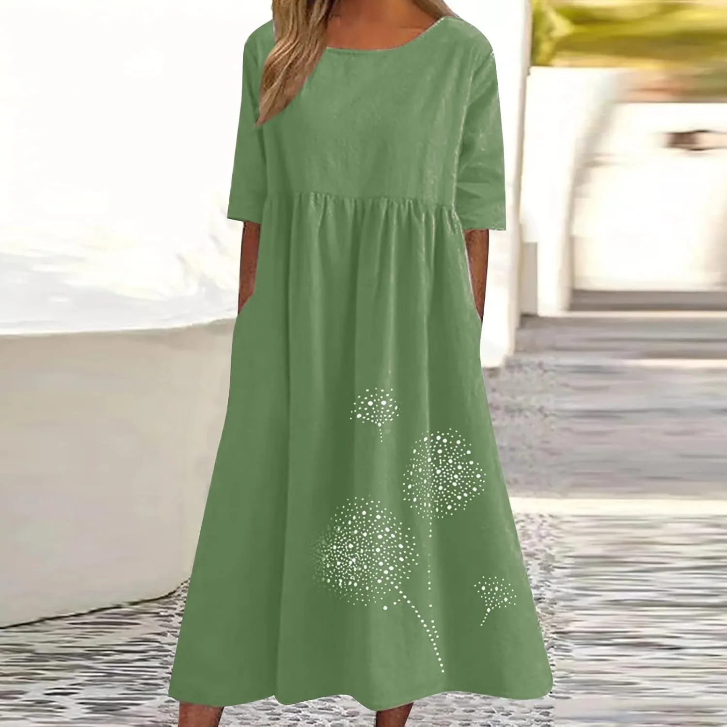 Women's Cotton Linen Short Sleeve Tshirt Dress Dandelion Print Casual Plus Size Midi Dresses Beach Dress with Pockets