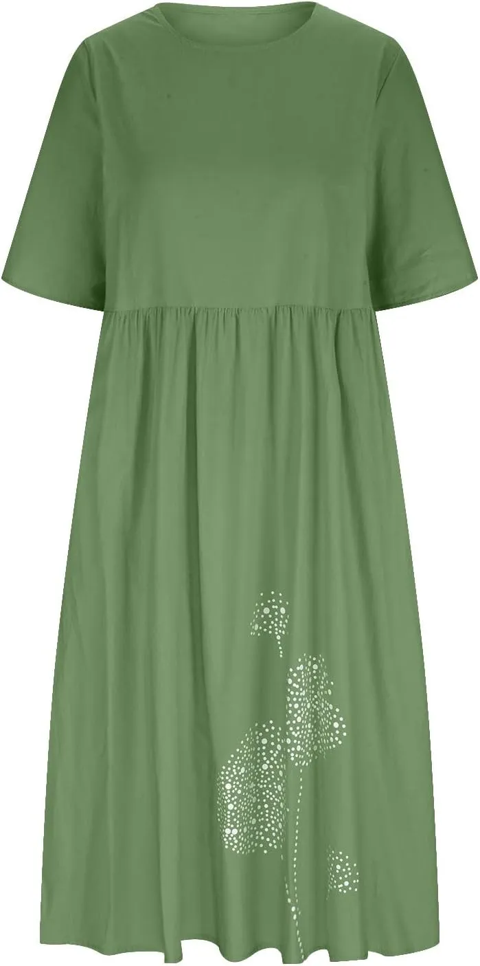 Women's Cotton Linen Short Sleeve Tshirt Dress Dandelion Print Casual Plus Size Midi Dresses Beach Dress with Pockets