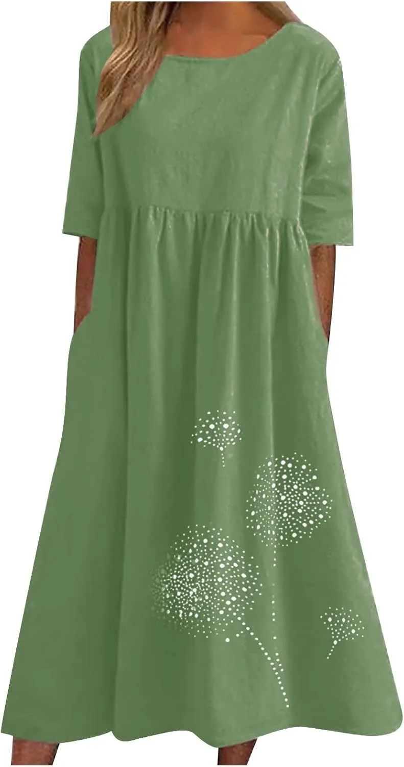 Women's Cotton Linen Short Sleeve Tshirt Dress Dandelion Print Casual Plus Size Midi Dresses Beach Dress with Pockets