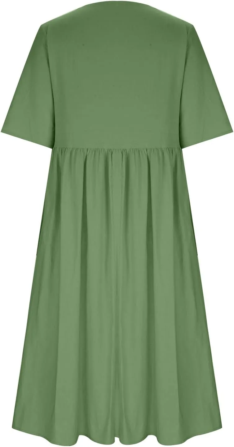 Women's Cotton Linen Short Sleeve Tshirt Dress Dandelion Print Casual Plus Size Midi Dresses Beach Dress with Pockets
