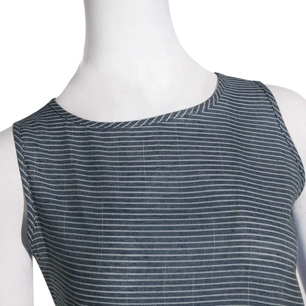Women's Cotton Linen Sleeveless Midi Dress Striped Print Tank Dresses Flowy Casual Beach Long Sundress with Pocket