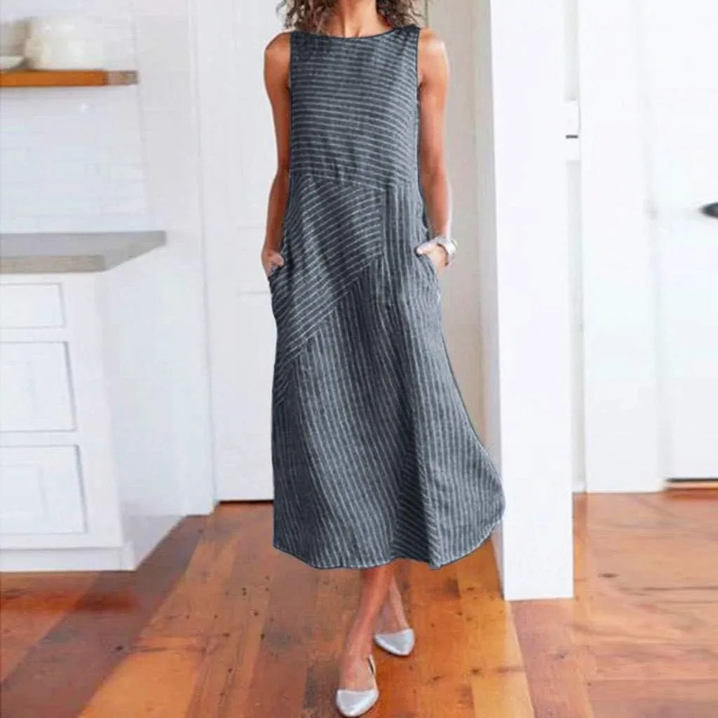 Women's Cotton Linen Sleeveless Midi Dress Striped Print Tank Dresses Flowy Casual Beach Long Sundress with Pocket
