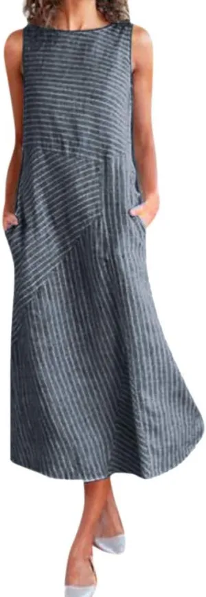 Women's Cotton Linen Sleeveless Midi Dress Striped Print Tank Dresses Flowy Casual Beach Long Sundress with Pocket