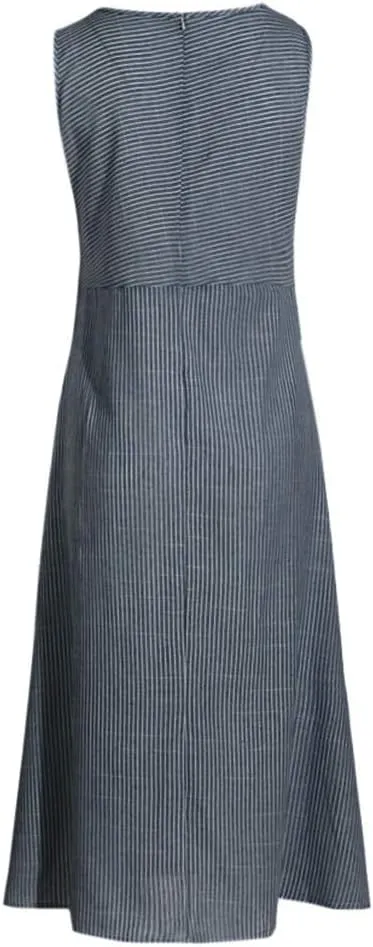 Women's Cotton Linen Sleeveless Midi Dress Striped Print Tank Dresses Flowy Casual Beach Long Sundress with Pocket