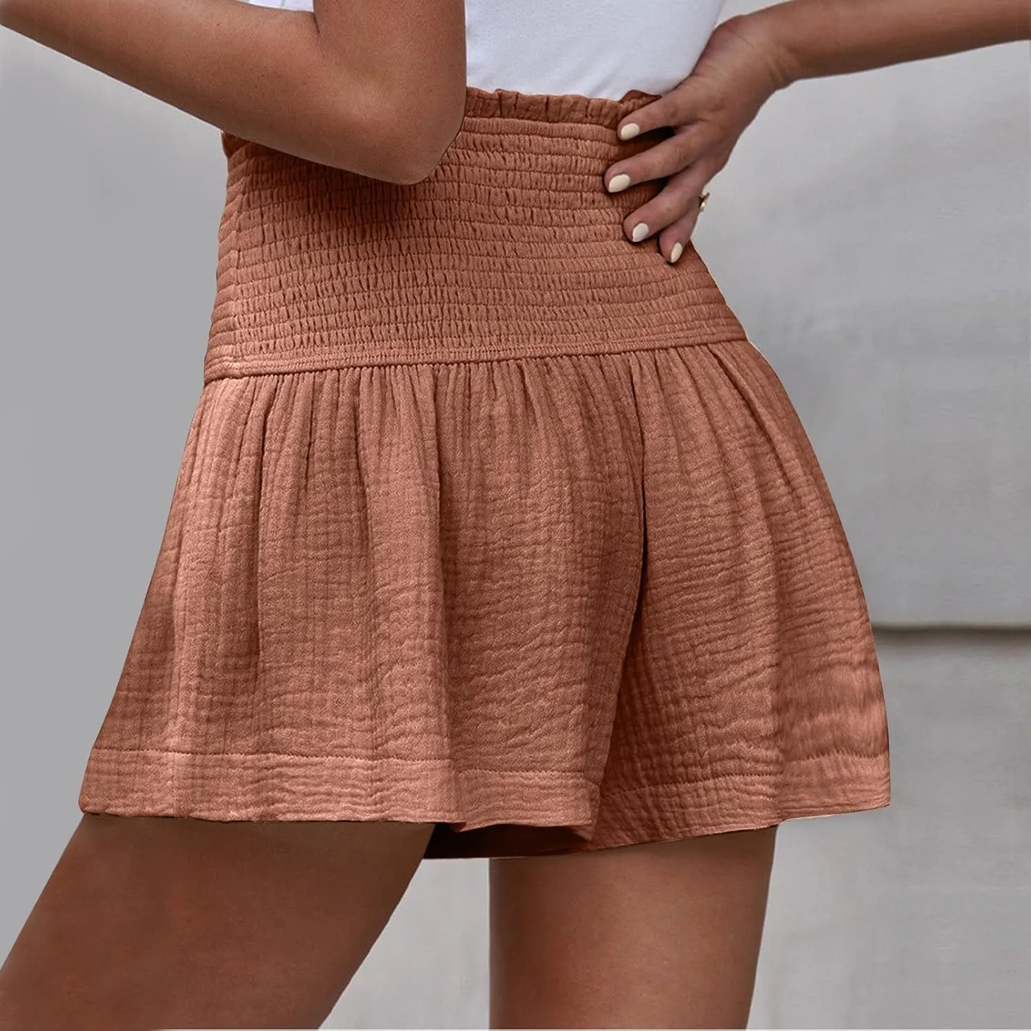 Women's Fashionable Pleated High Waist Shorts Casual Comfy Puff Flowy Hem Shorts Loose Fit Lightweight Daily Travel