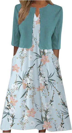 Womens Floral Maxi Dresses 2 Piece Set Sleeveless A Line Summer Beach Wedding Guest Dress with Cardigan 2025 Trendy