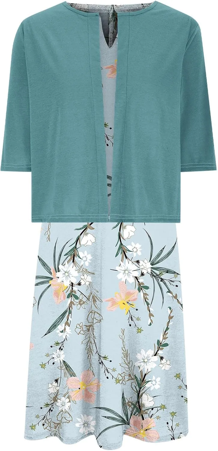 Womens Floral Maxi Dresses 2 Piece Set Sleeveless A Line Summer Beach Wedding Guest Dress with Cardigan 2025 Trendy
