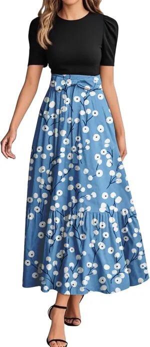 Women's Floral Summer Fashion Dresses Boho Tie Belted Patchwork Empire Waist Short Sleeve Ruffle Flowy Long Dress