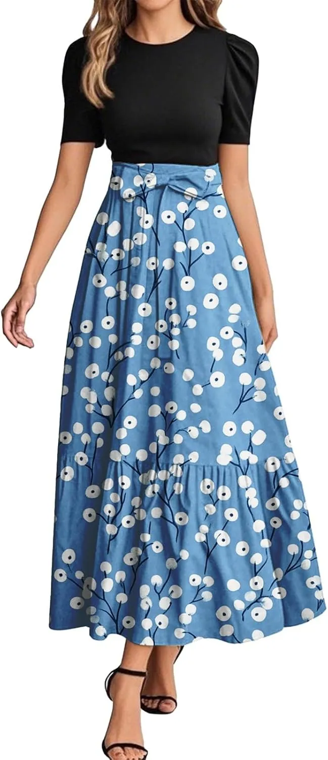 Women's Floral Summer Fashion Dresses Boho Tie Belted Patchwork Empire Waist Short Sleeve Ruffle Flowy Long Dress