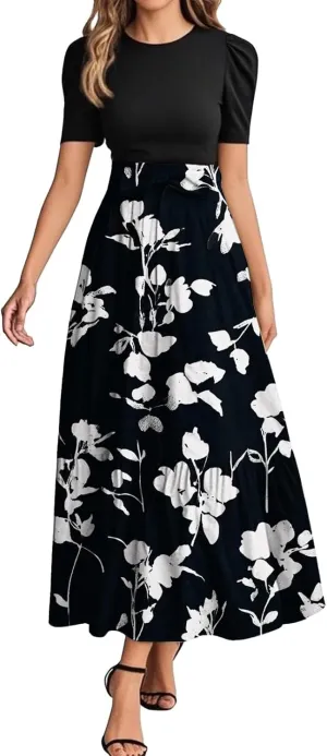 Women's Floral Summer Maxi Dresses Boho Tie Belted Patchwork Empire Waist Short Sleeve Ruffle Flowy Long Dress