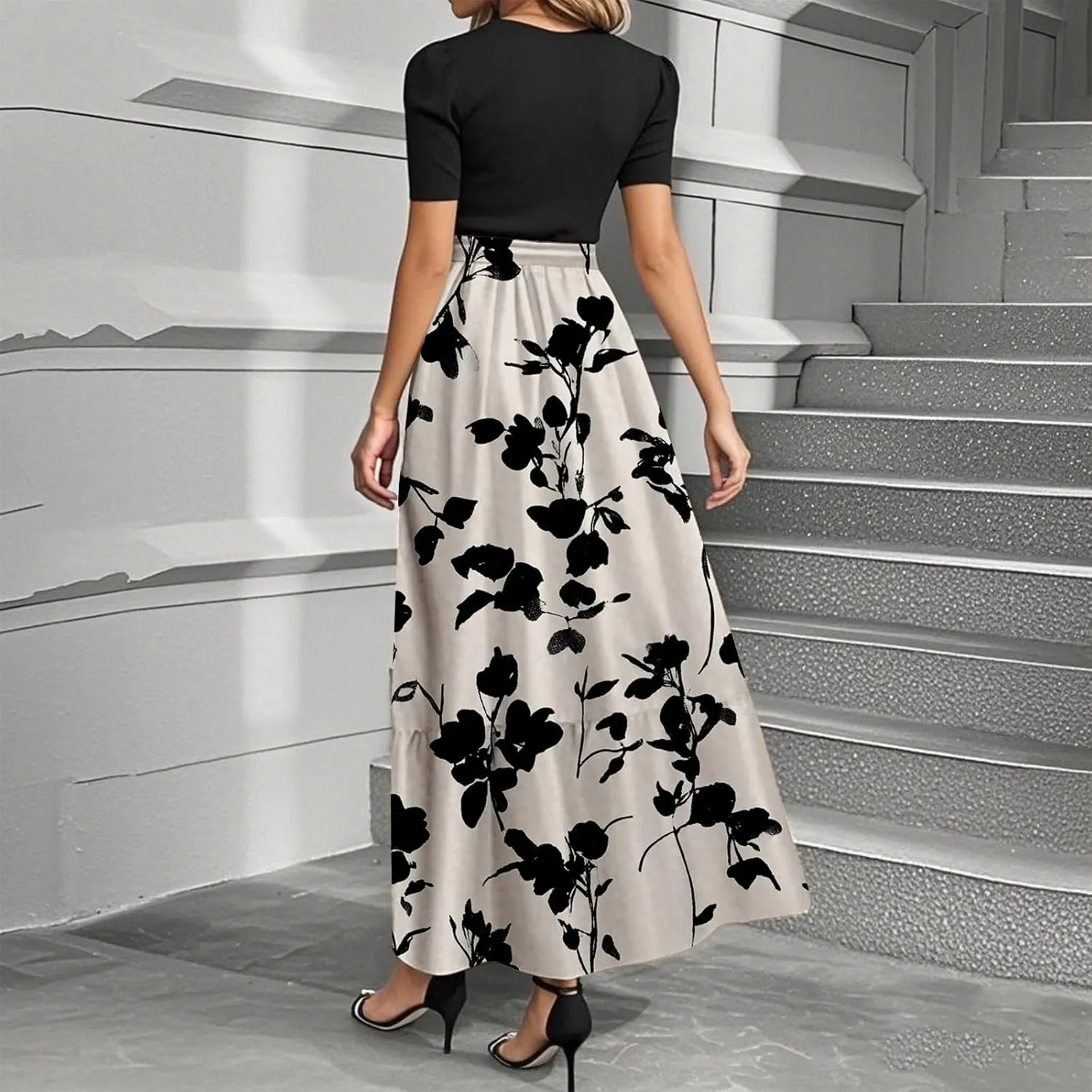 Women's Floral Summer Maxi Dresses Boho Tie Belted Patchwork Empire Waist Short Sleeve Ruffle Flowy Long Dress