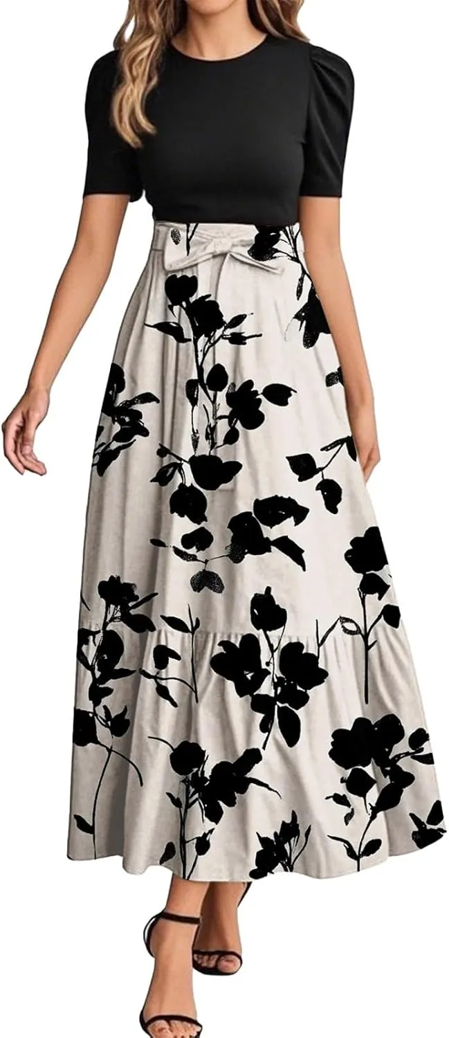 Women's Floral Summer Maxi Dresses Boho Tie Belted Patchwork Empire Waist Short Sleeve Ruffle Flowy Long Dress