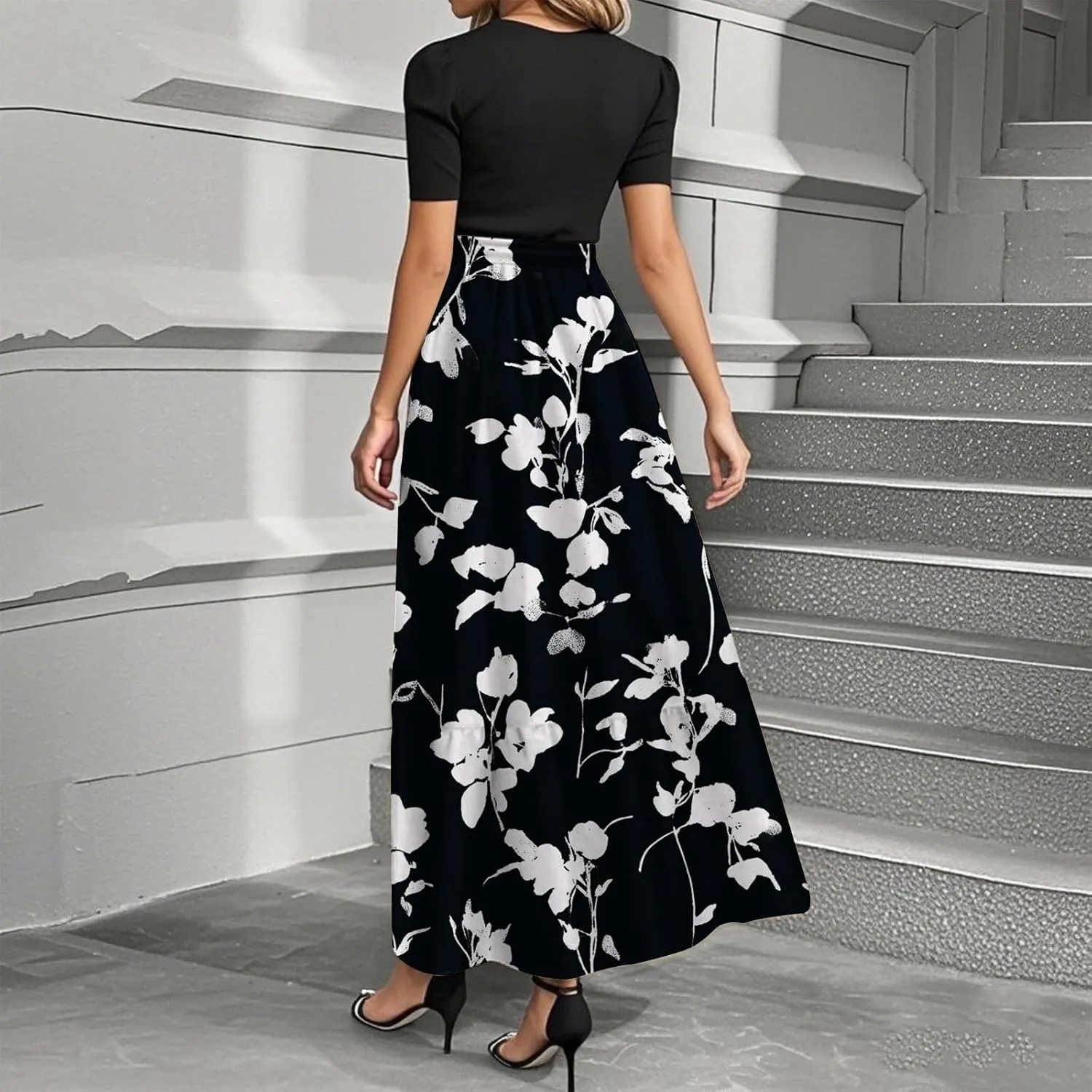 Women's Floral Summer Maxi Dresses Boho Tie Belted Patchwork Empire Waist Short Sleeve Ruffle Flowy Long Dress