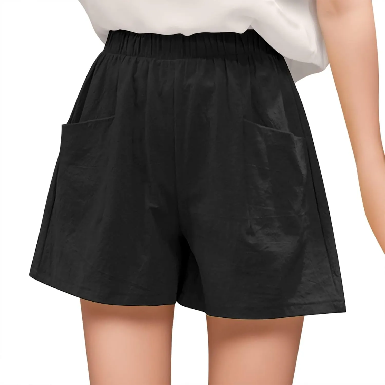 Womens Linen Shorts Casual Elastic High Waisted Cotton Shorts Loose Fit Summer Flowy Beach Short Pants with Pockets