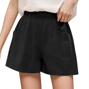Womens Linen Shorts Casual Elastic High Waisted Cotton Shorts Loose Fit Summer Flowy Beach Short Pants with Pockets