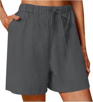 Women's Linen Summer Shorts Knee Length Casual Bermuda Shorts Wide Leg High Waist Drawstring Short Pants with Pocket