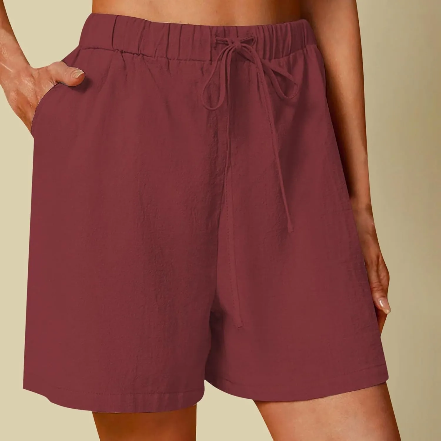 Women's Linen Summer Shorts Knee Length Casual Bermuda Shorts Wide Leg High Waist Drawstring Short Pants with Pocket