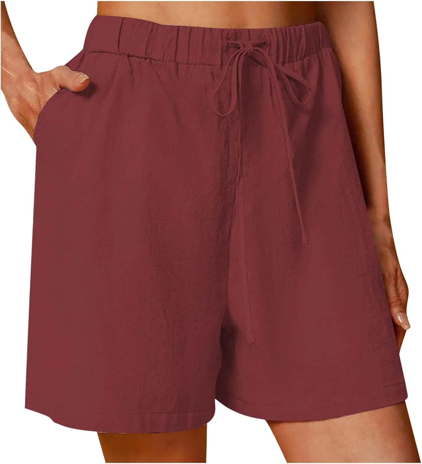 Women's Linen Summer Shorts Knee Length Casual Bermuda Shorts Wide Leg High Waist Drawstring Short Pants with Pocket