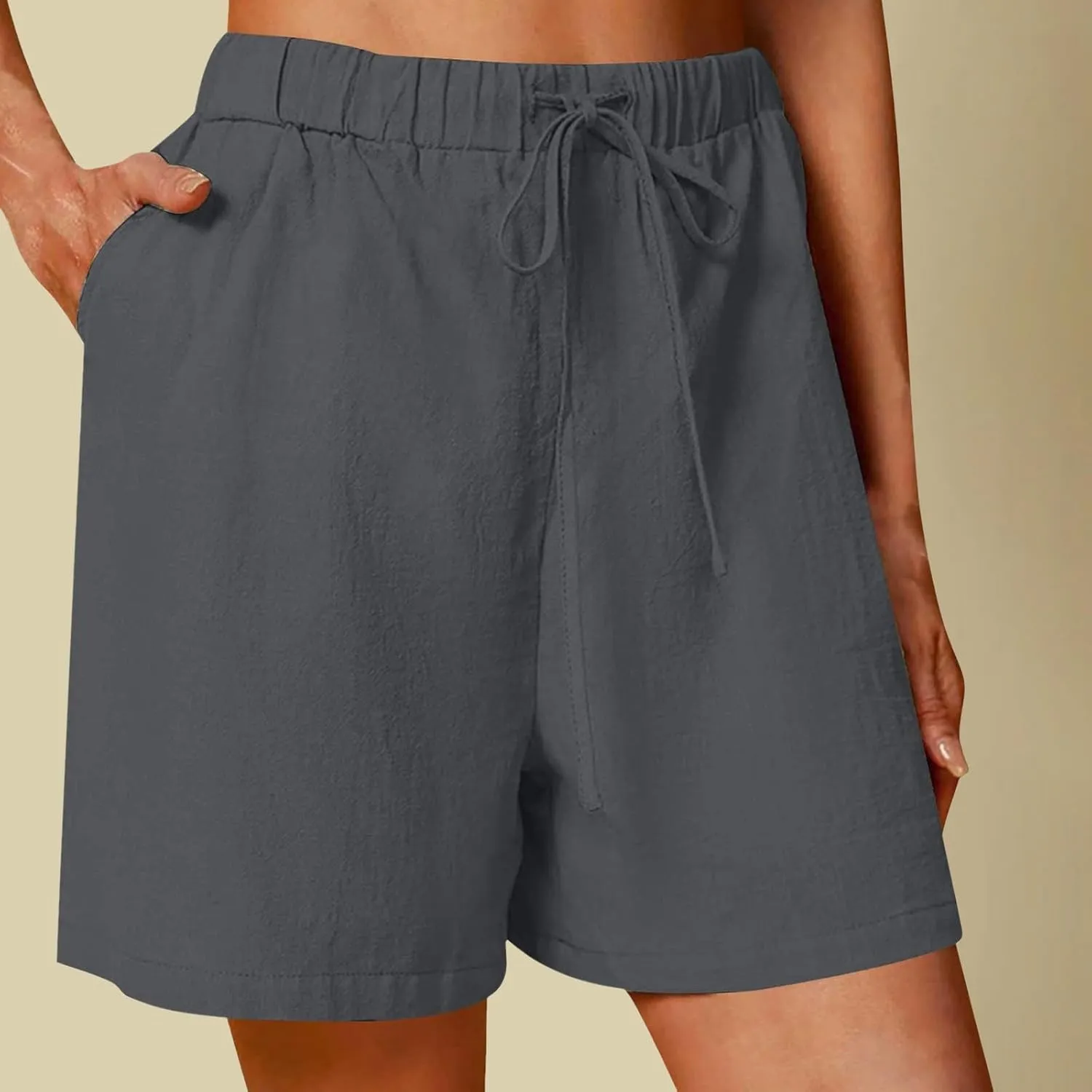 Women's Linen Summer Shorts Knee Length Casual Bermuda Shorts Wide Leg High Waist Drawstring Short Pants with Pocket