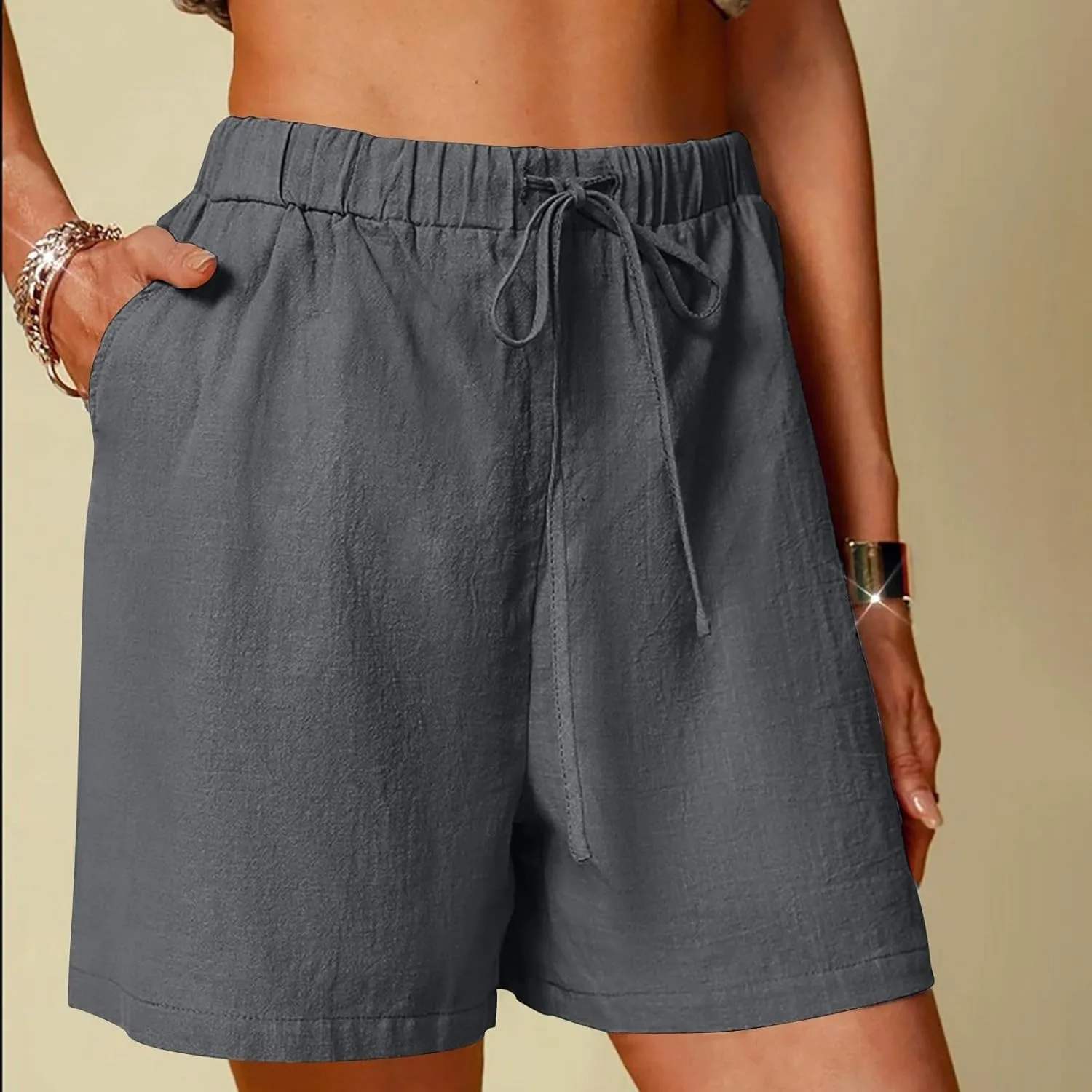 Women's Linen Summer Shorts Knee Length Casual Bermuda Shorts Wide Leg High Waist Drawstring Short Pants with Pocket