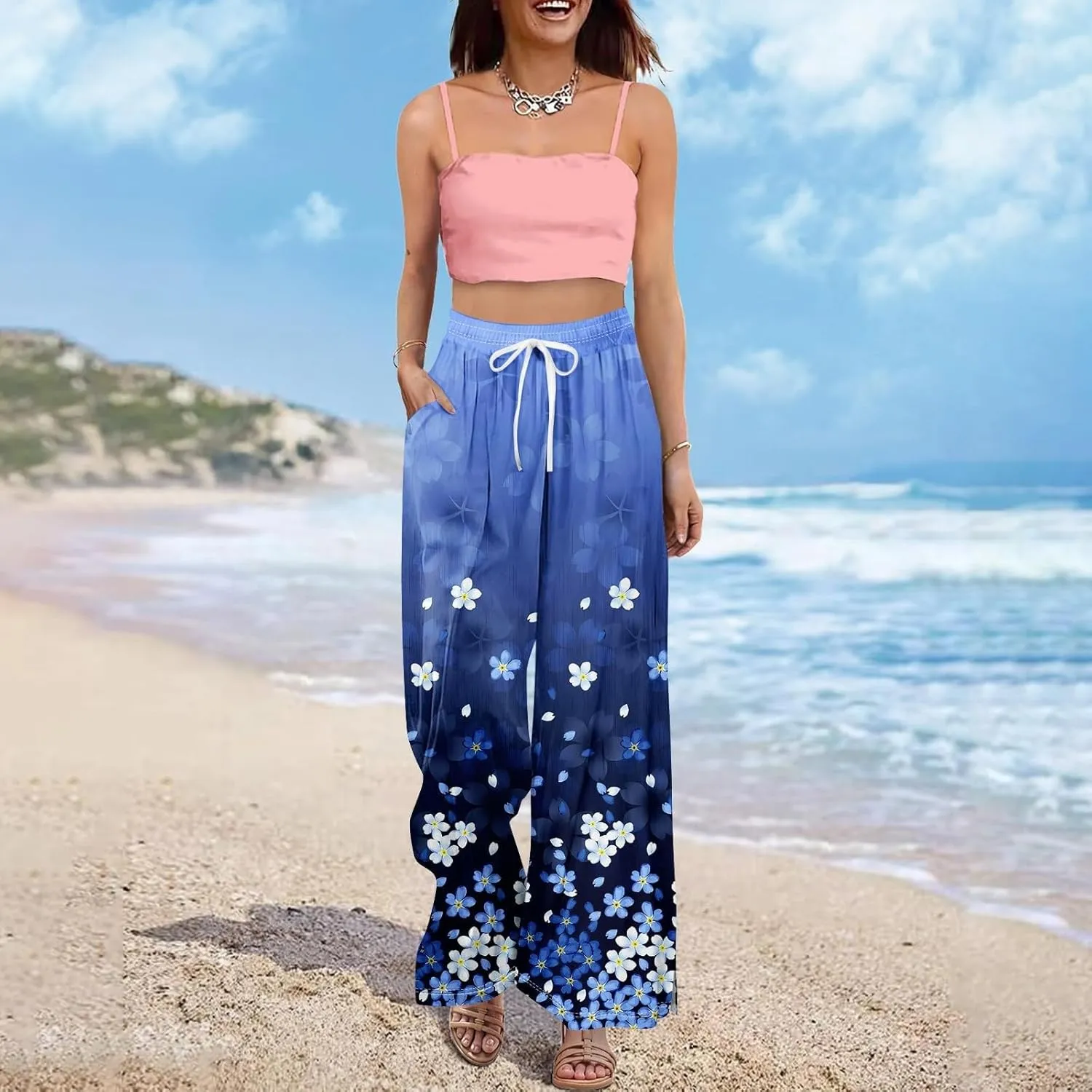 Womens Palazzo Pants Summer Boho Wide Leg Trousers Petite Casual High Waist Flowy Pant 2025 Beach Vacation Outfits