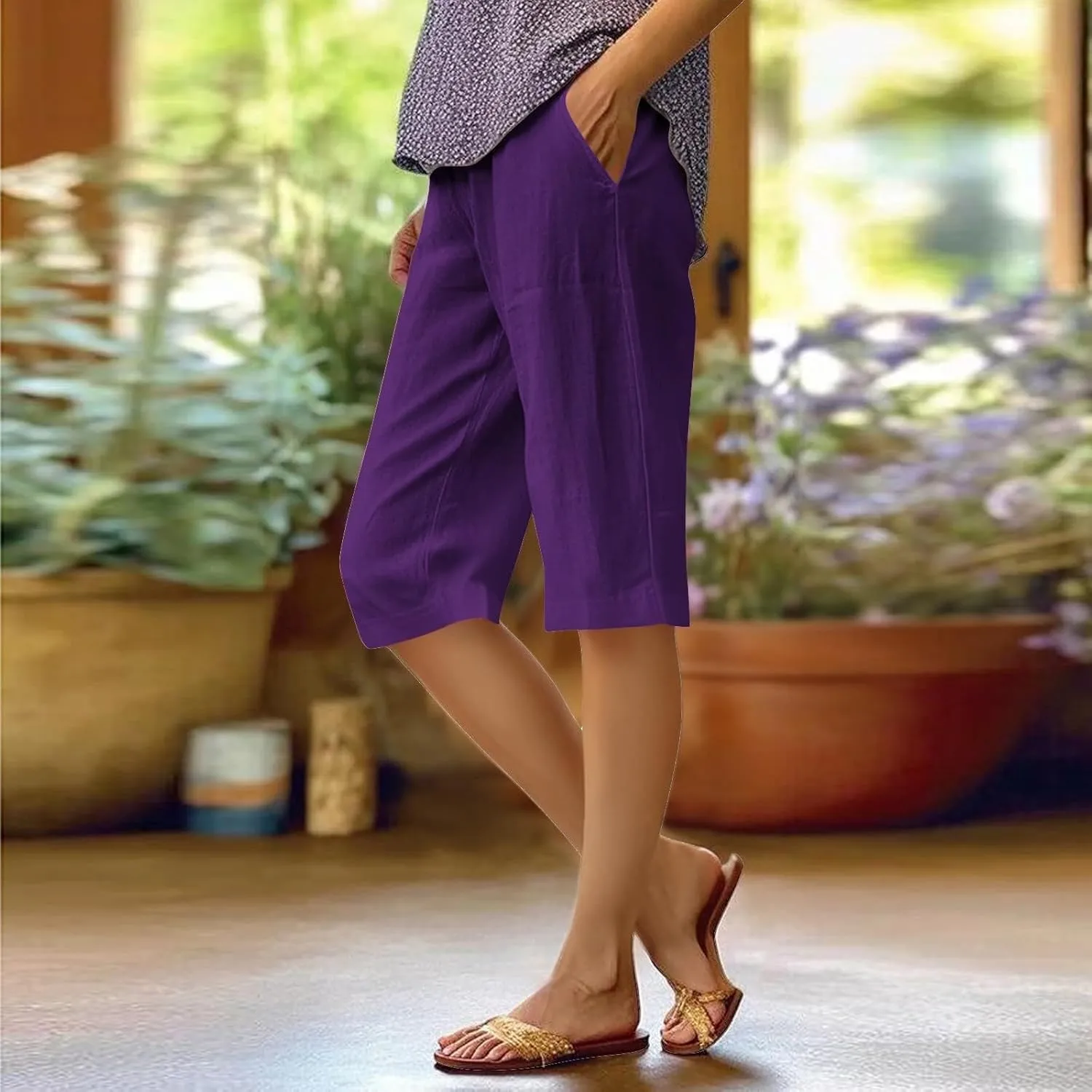 Women's Pedal Pushers Linen Bermuda Shorts Wide Leg Cropped Pants Casual Palazzo Pant with Pockets