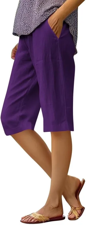 Women's Pedal Pushers Linen Bermuda Shorts Wide Leg Cropped Pants Casual Palazzo Pant with Pockets
