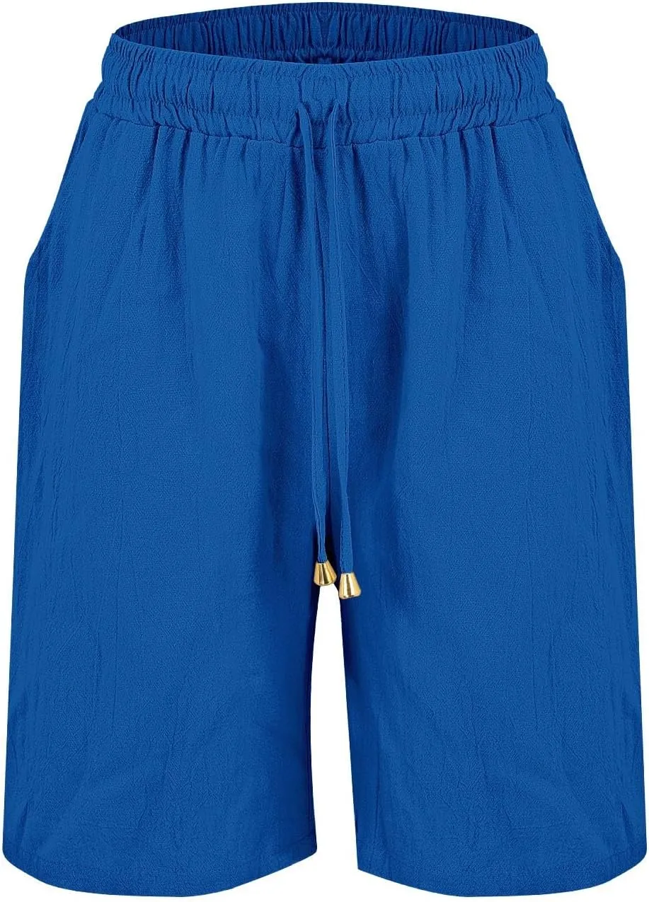 Womens Plus Size Shorts Linen Short Summer Elastic Waist Drawstring Beach Cotton Clothing with Pockets