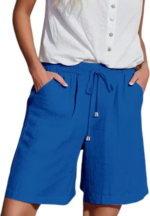 Womens Plus Size Shorts Linen Short Summer Elastic Waist Drawstring Beach Cotton Clothing with Pockets
