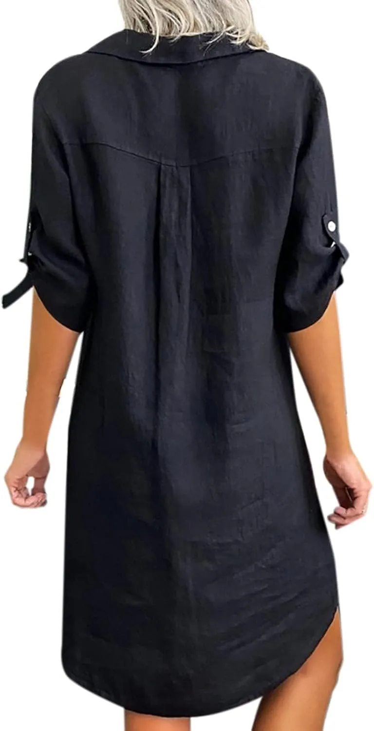 Womens Shirt Dress Summer Casual with Sleeves Sundresses Button Down Trendy Beach Cover Up Tunic Dresses with Pockets