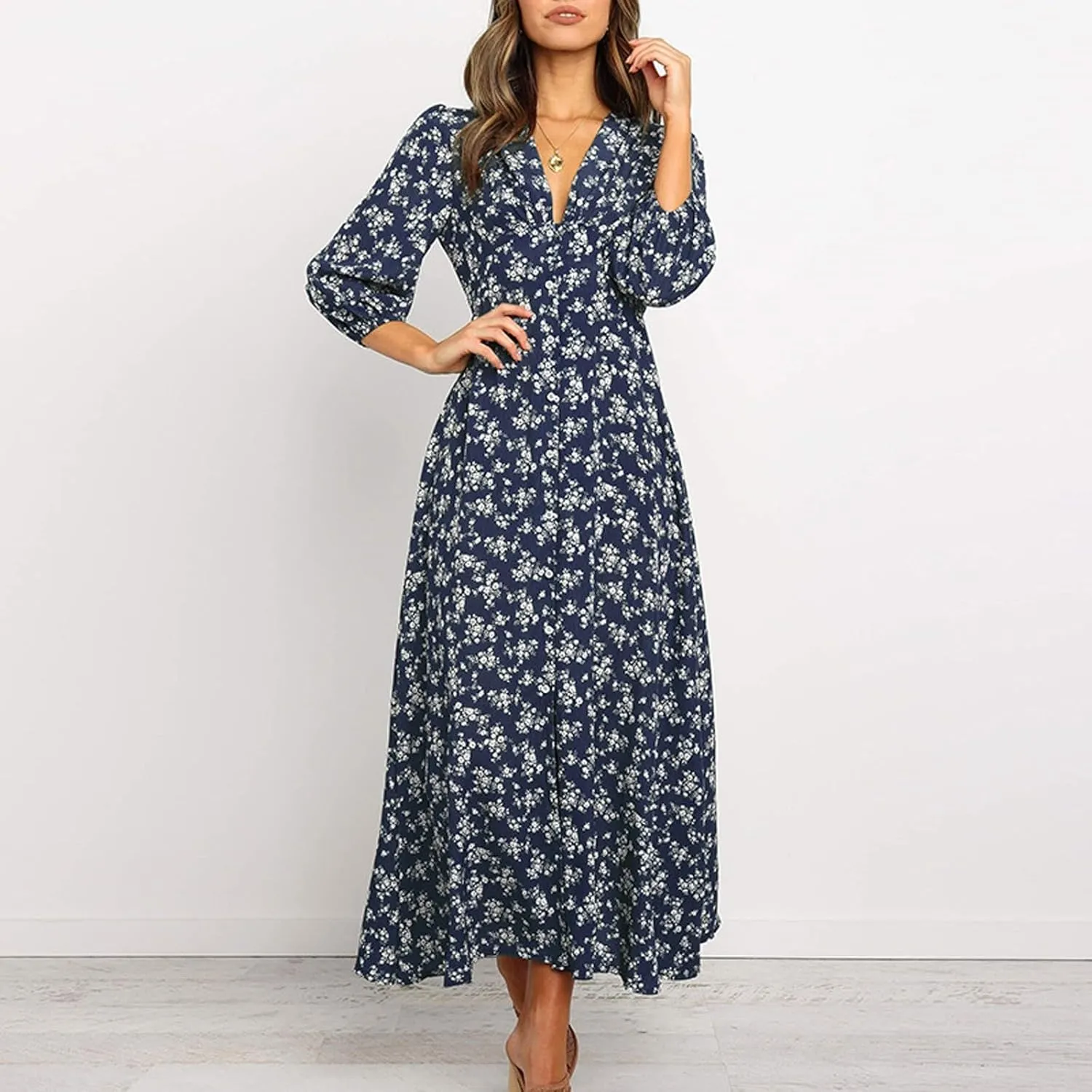 Women's Spring Fall Dress Sleeve V Neck Empire Waist Wrap Printed Slit Smocked Midi Dress, S-XL